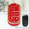 A red and gold durable TPU car key fob cover for Jeep, Dodge, and Chrysler vehicles.