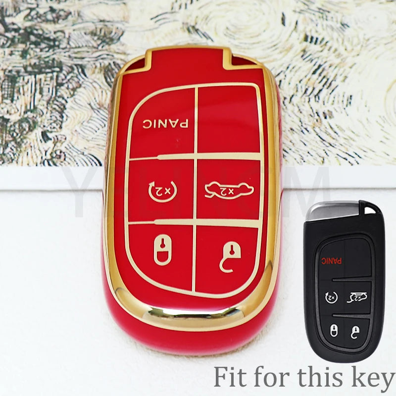 A red and gold durable TPU car key fob cover for Jeep, Dodge, and Chrysler vehicles.