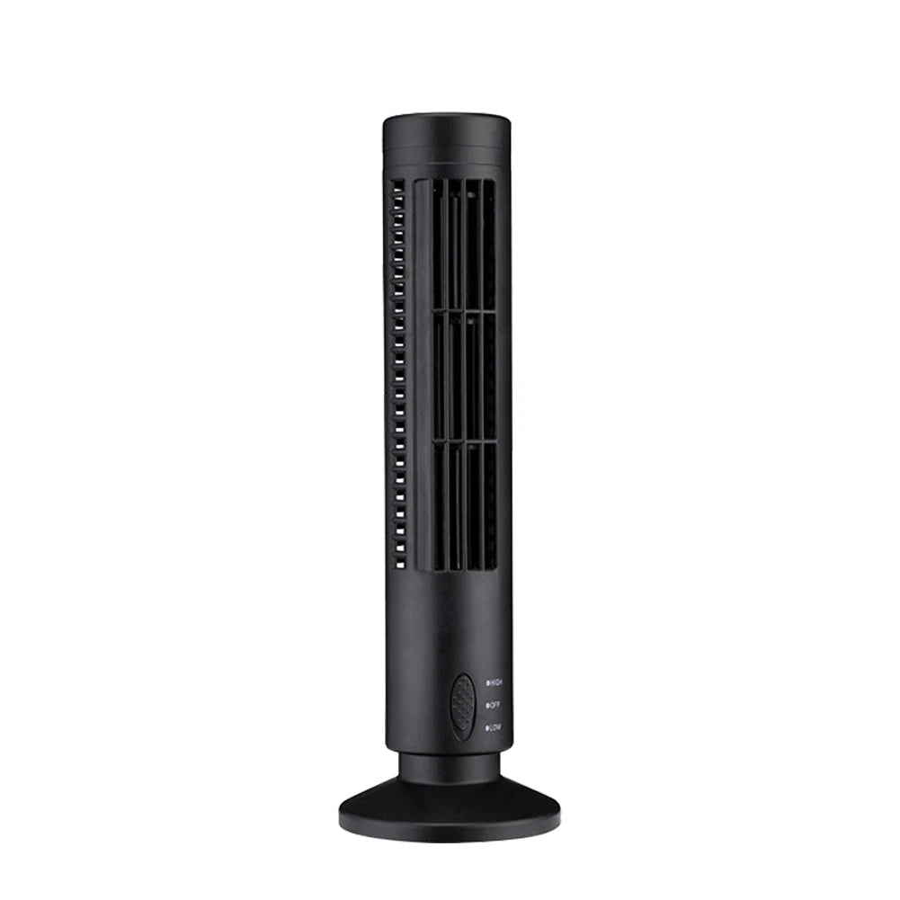 A black bladeless LED tower fan with a circular base.