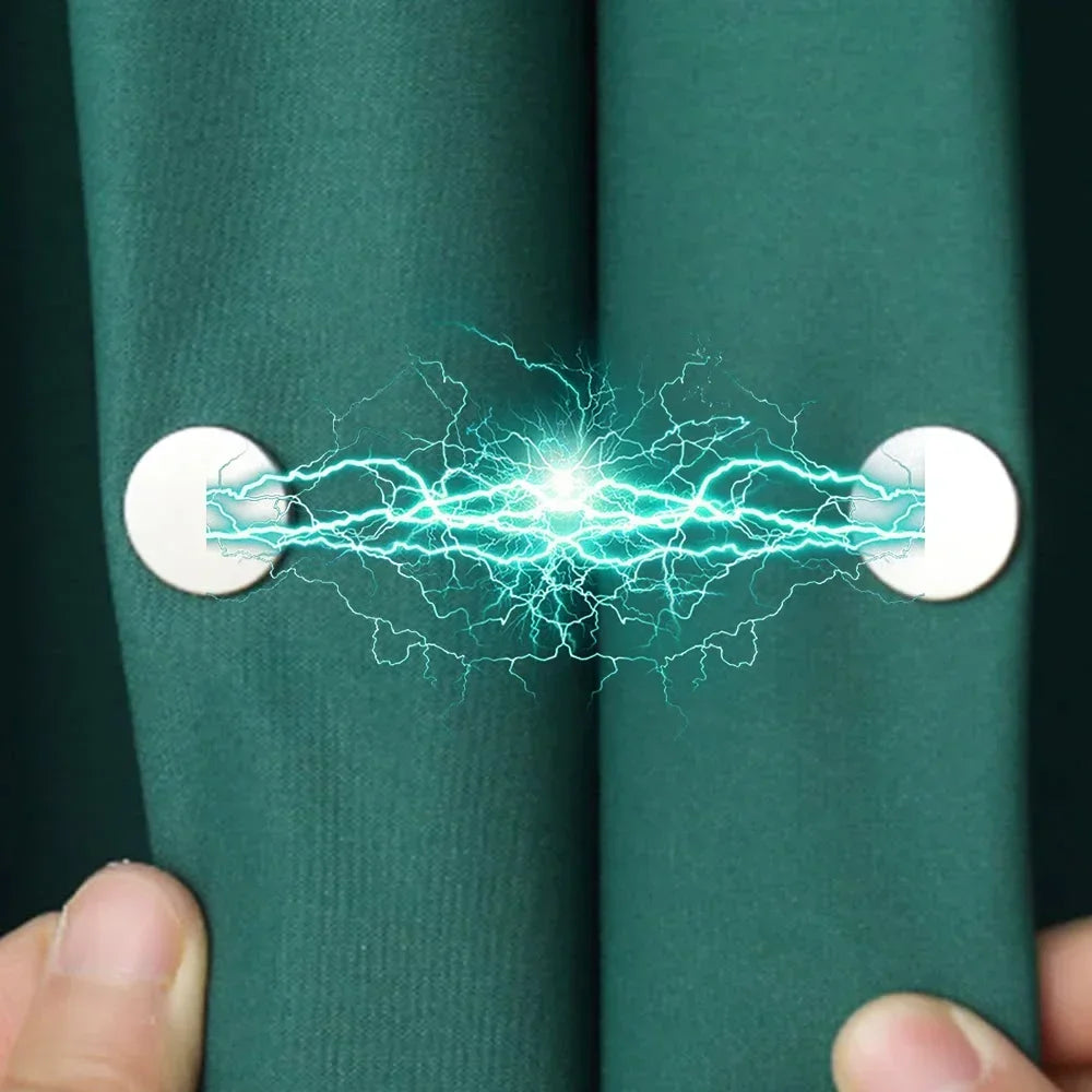Close-up of magnetic curtain clips with bright blue electrical sparks connecting two fabric panels.
