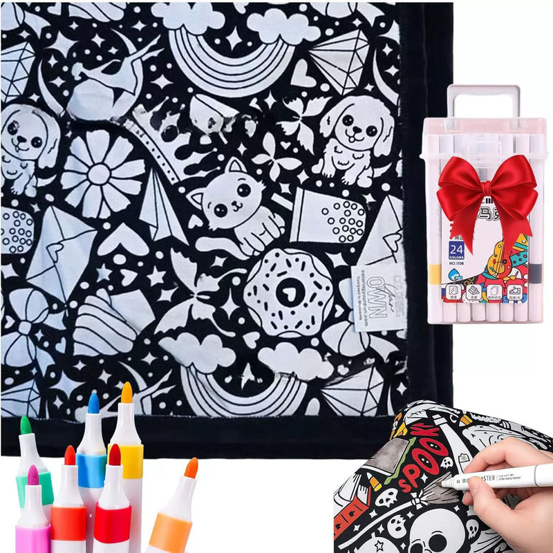 Reusable Fleece Coloring Blanket with 24 Washable Markers