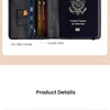 A black passport cover and travel wallet organizer showing slots for a passport, cards, and SIM cards.