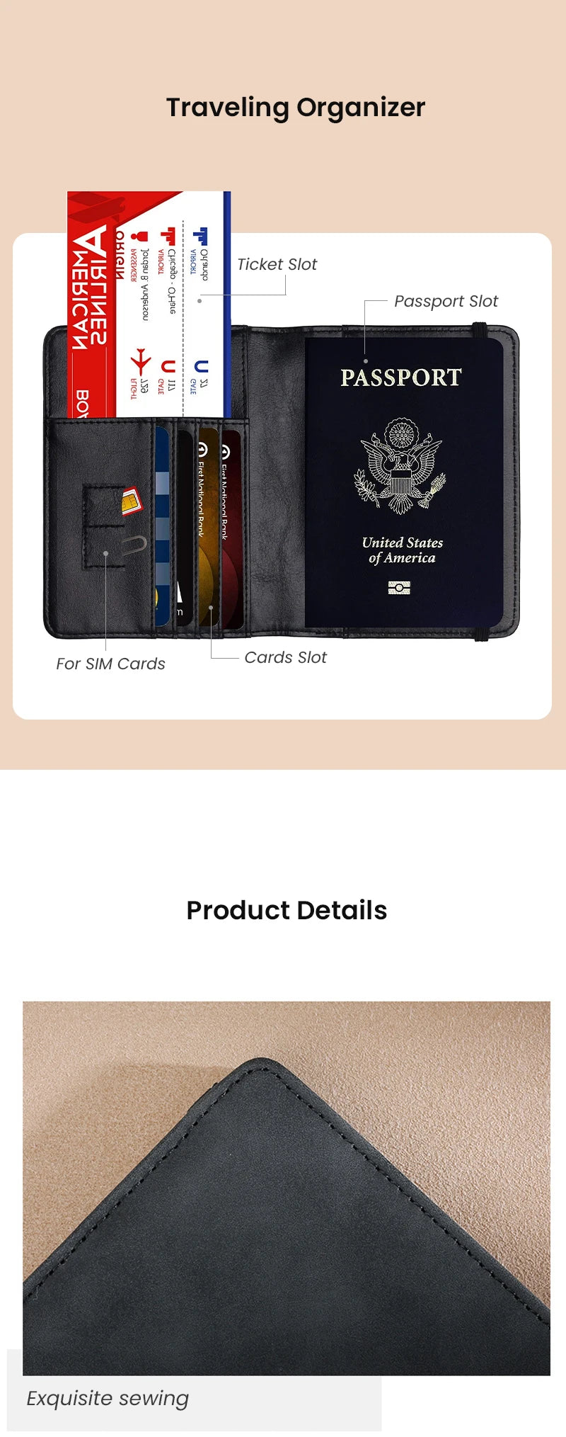 A black passport cover and travel wallet organizer showing slots for a passport, cards, and SIM cards.