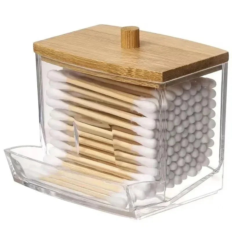 Transparent Cotton Swab & Toiletry Storage Box with Bamboo Lid