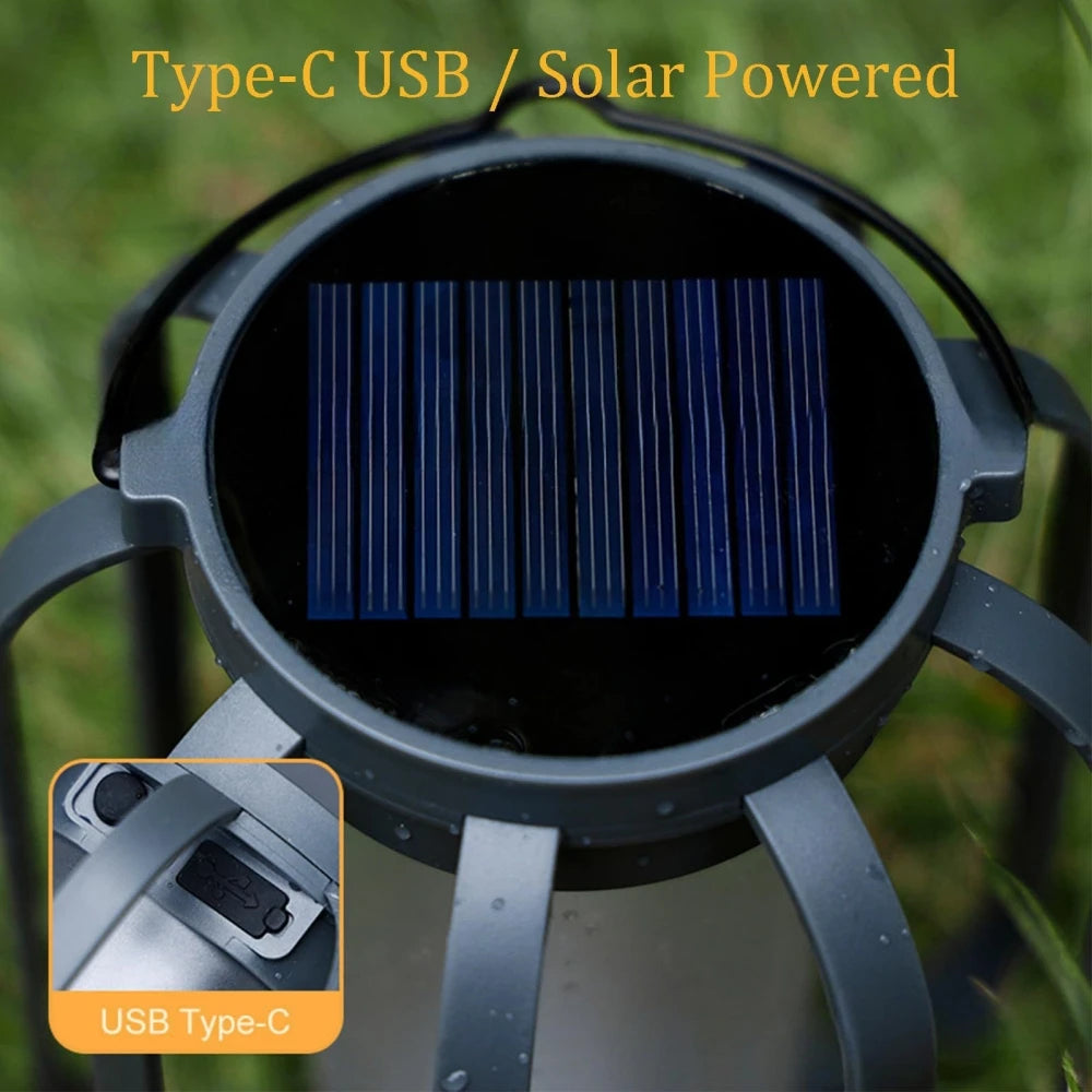 A Type-C USB solar powered lantern with a blue flickering flame visible through the top.