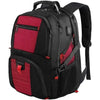 A black and red travel backpack with a prominent red panel and a black shoulder strap.
