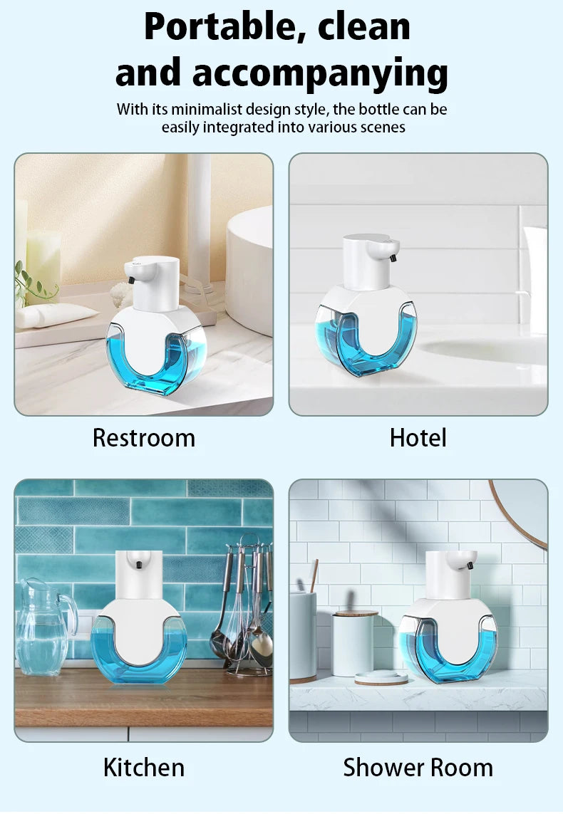 A portable, clean, and accompanying wall-mounted automatic foam soap dispenser in a translucent blue color shown in various s