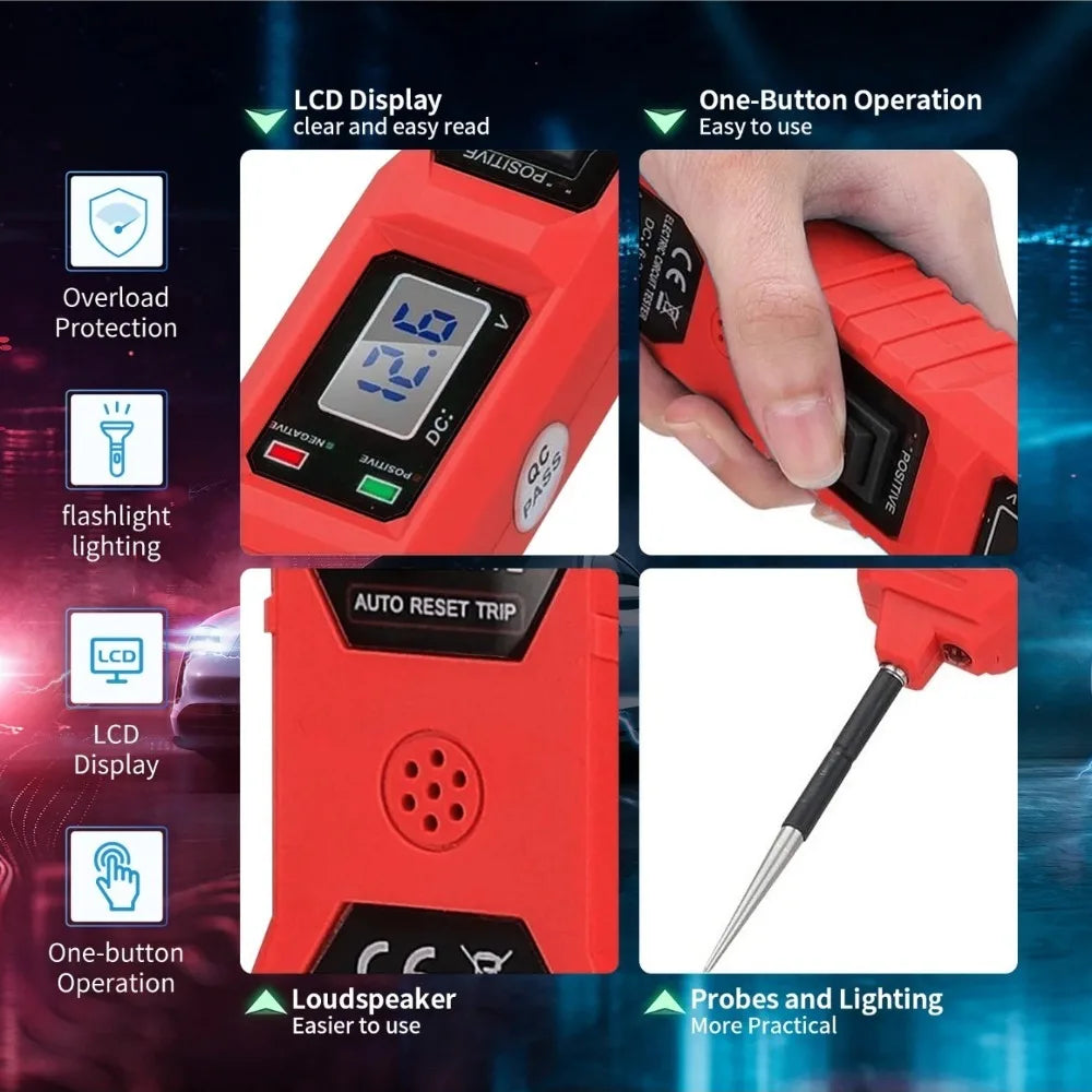 An automotive circuit tester in red with an LCD display, flashlight, and one-button operation features probes and lighting.