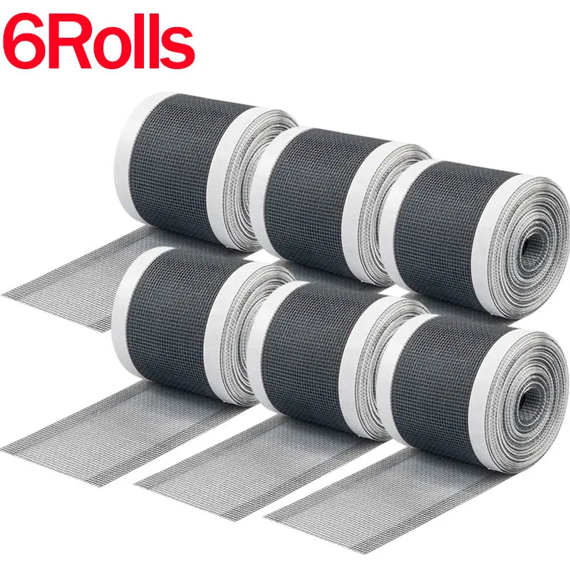 Rolls of window screen repair tape featuring a strong adhesive mesh patch in gray and white.