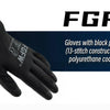 A pair of black FGFW work gloves with a black polyester fabric and polyurethane coating on the palms.