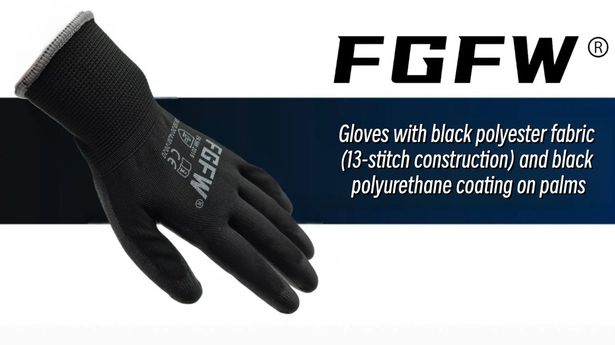 A pair of black FGFW work gloves with a black polyester fabric and polyurethane coating on the palms.