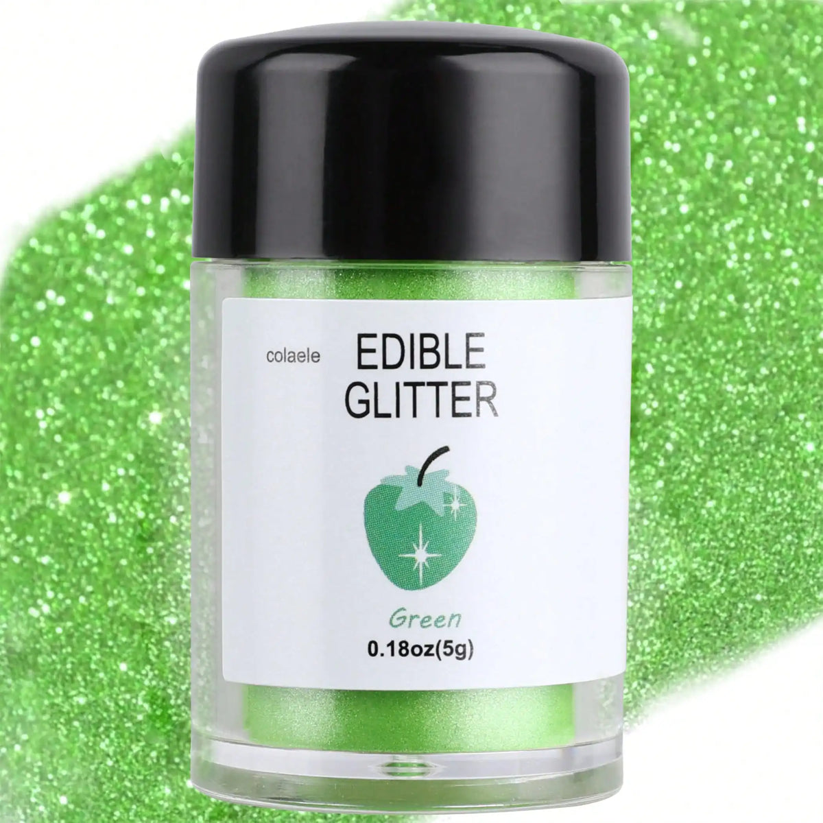 A glass jar of green edible glitter powder labeled Edible Glitter, resting on a bright green glitter background.