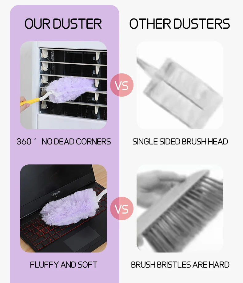 Comparison showing a duster with 360° no dead corners and fluffy soft feathers versus a single-sided brush head with hard bri