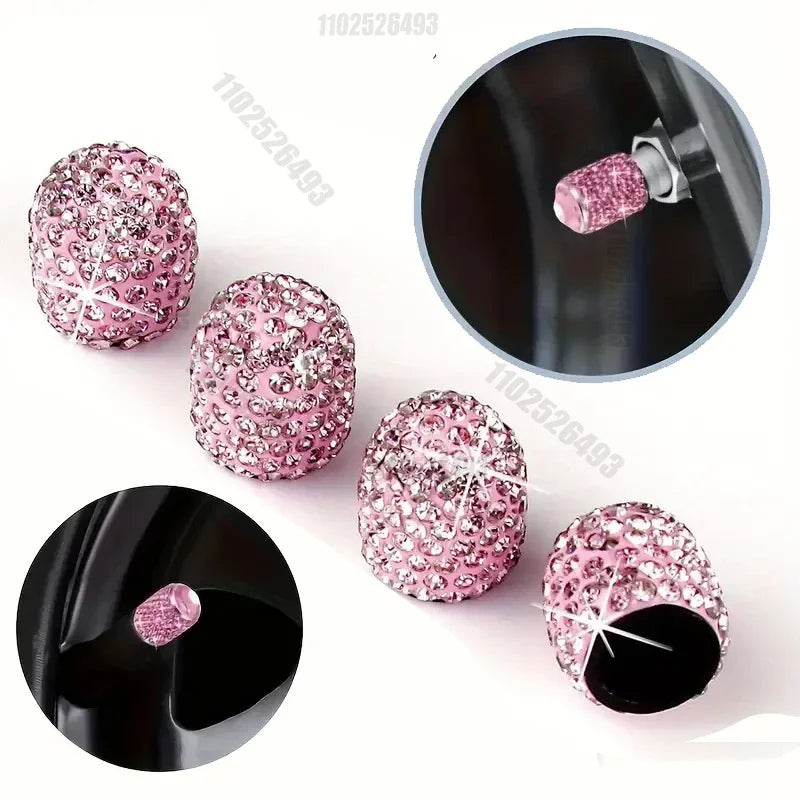 Pink crystal-cut tire valve caps shown in various angles and a close-up view