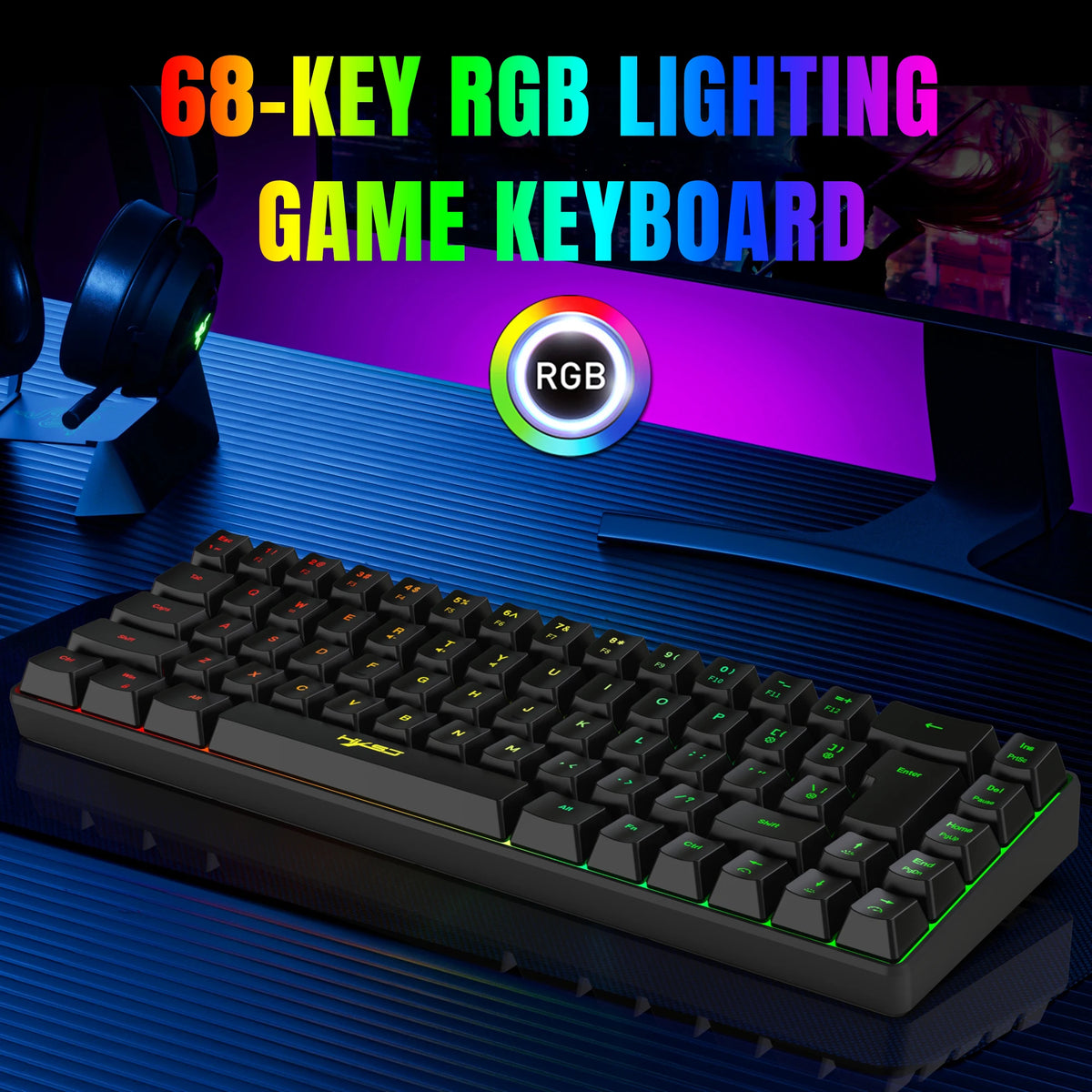 Compact 68-Key RGB Gaming Keyboard with USB Wired Connection