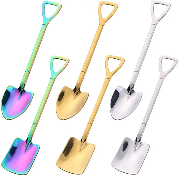 A set of four stainless steel dessert spoons and coffee stirrers in various colors and finishes.