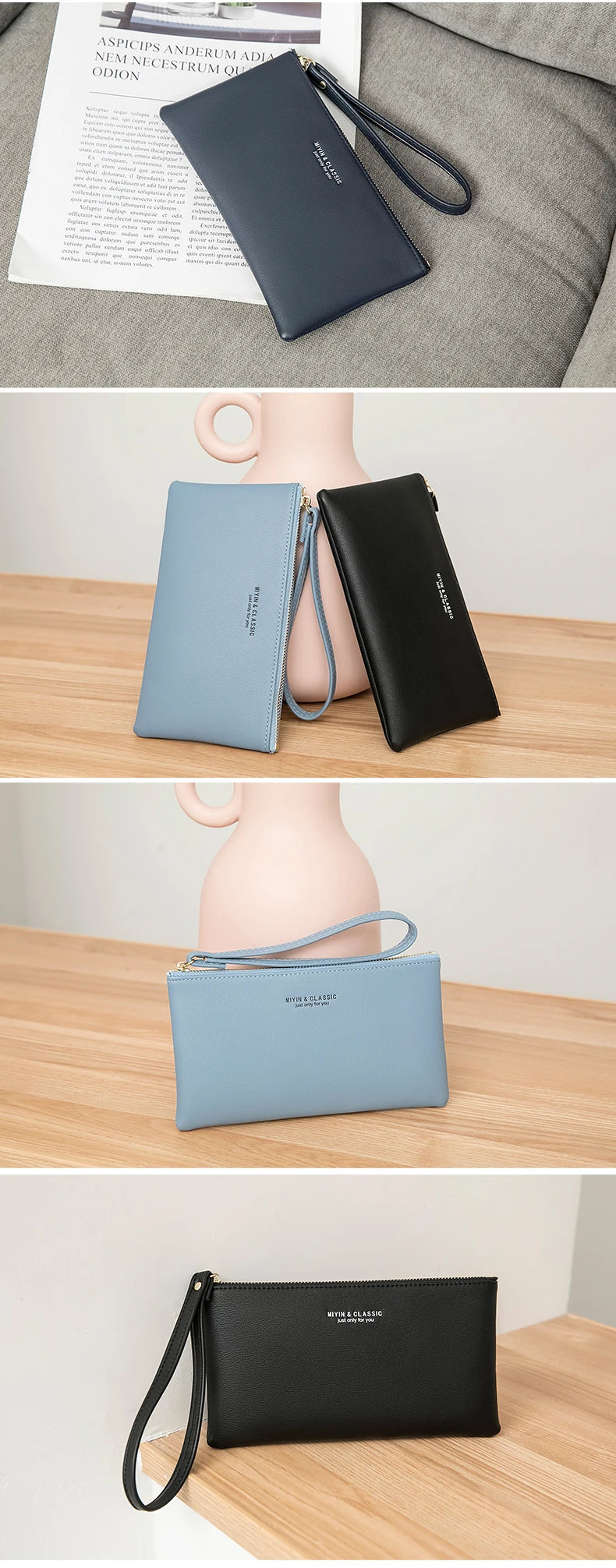Slim PU Leather Zip-Around Wallet with Card and Phone Pockets
