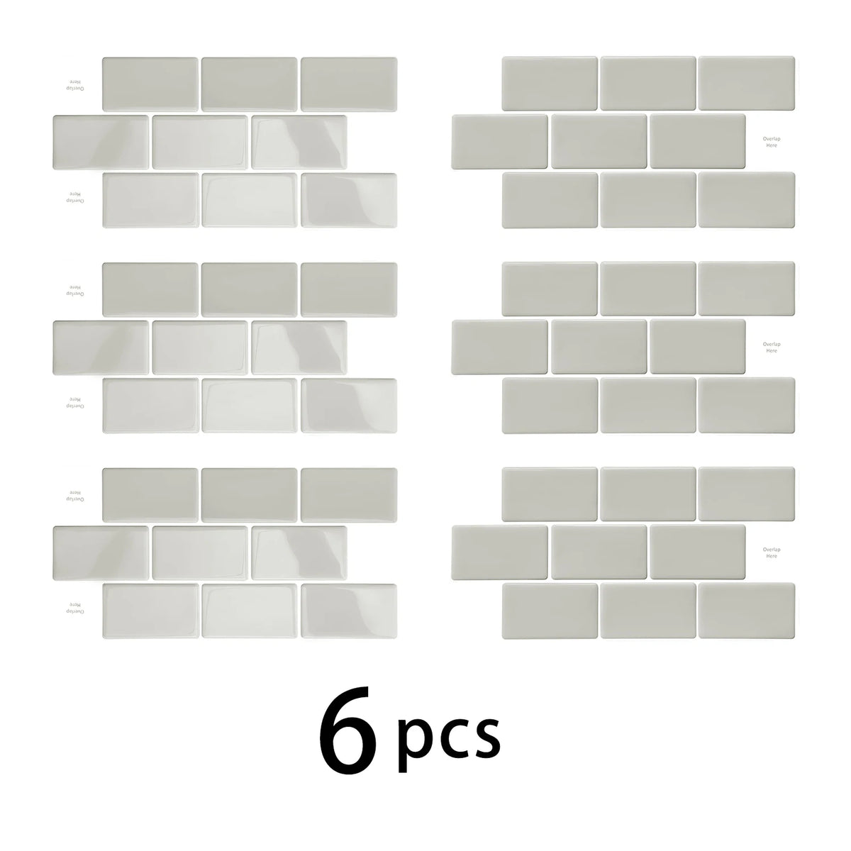 A collection of six rectangular, light beige 3D waterproof peel-and-stick kitchen wall tiles arranged in rows.
