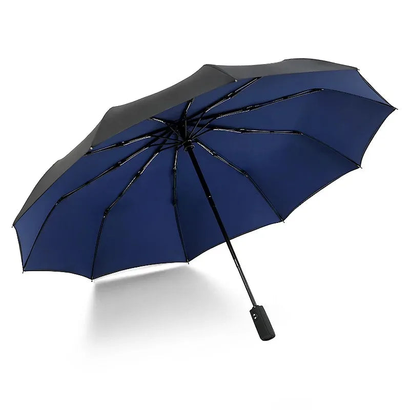 A dark blue double-layer windproof umbrella open and angled against a white background.