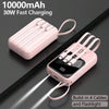 Pink portable power bank with built-in cables and flashlight shown on a dark surface.