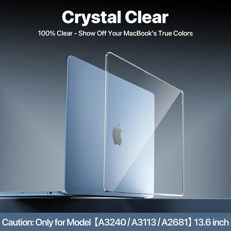 A clear hard shell case is shown protecting a silver MacBook, highlighting its true colors.