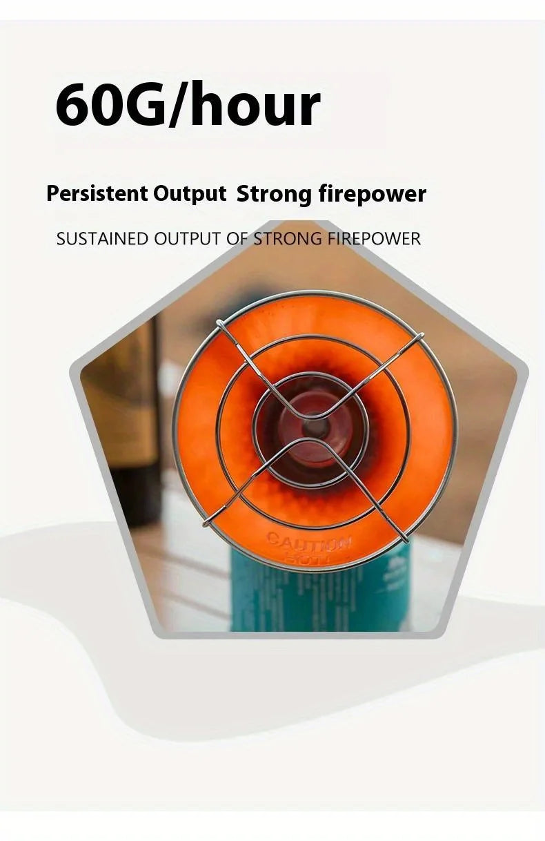 Close-up view of a portable butane gas stove burner with an orange flame and metal grate.
