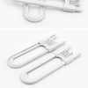 A white adjustable U-shaped cabinet lock with a metal key, shown in a close-up view.