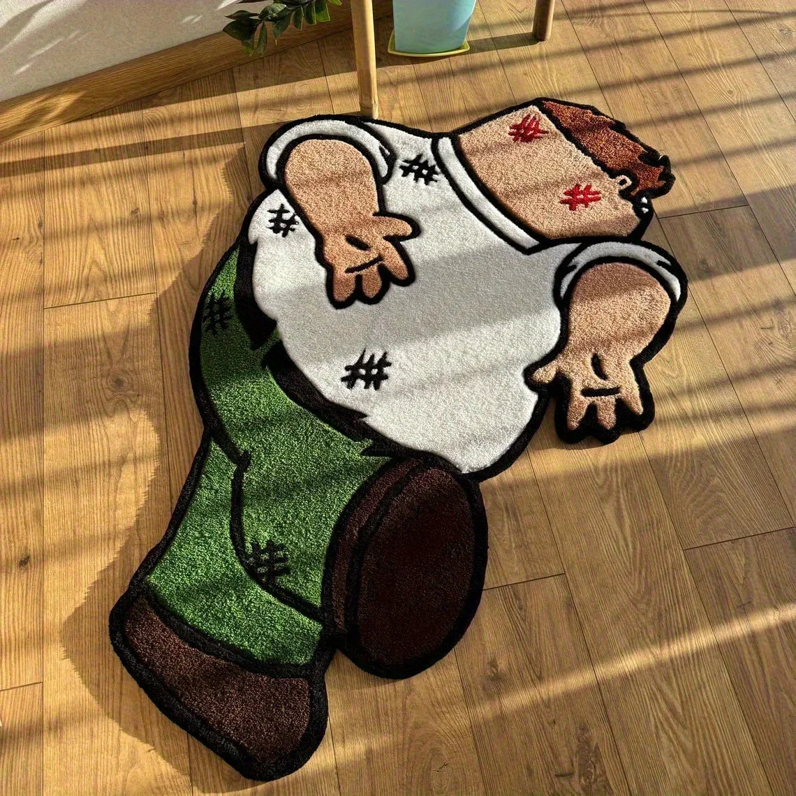 A playful cartoon carpet depicting a person wearing a white shirt and green pants.