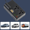 Black 200W car power inverter with USB and Type-C ports shown next to a silver car and an orange truck.