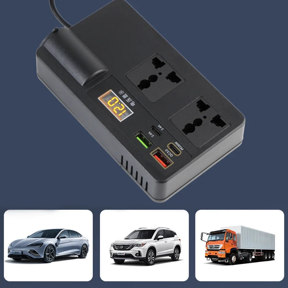 Black 200W car power inverter with USB and Type-C ports shown next to a silver car and an orange truck.