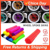 A set of colorful spoke skins for motorcycle and bike wheels, showing various vibrant colors like pink, purple, orange, and g