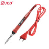 A red soldering iron with an LCD display and cord is shown against a white background.