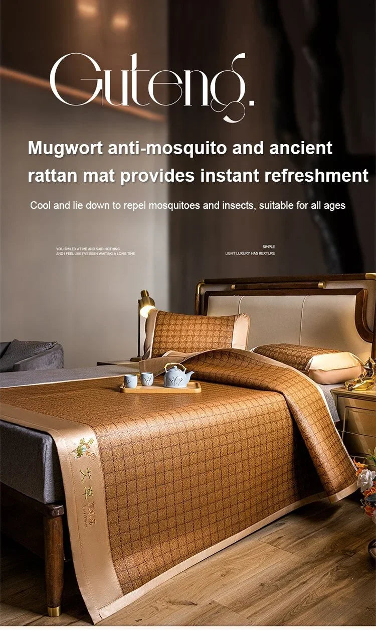 A brown cooling mat is displayed on a bed with a matching pillowcase and a rattan mat.