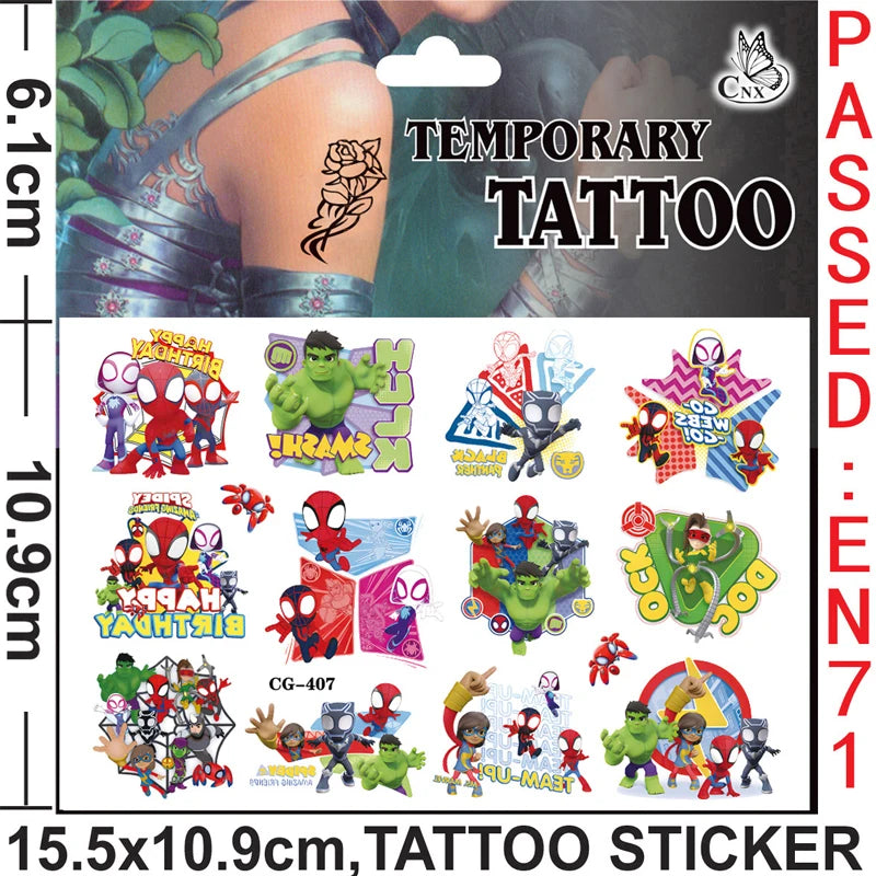 A package of temporary tattoos featuring Spider-Man and other superhero characters for kids
