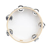 A white wooden tambourine with silver jingle bells, viewed from above.