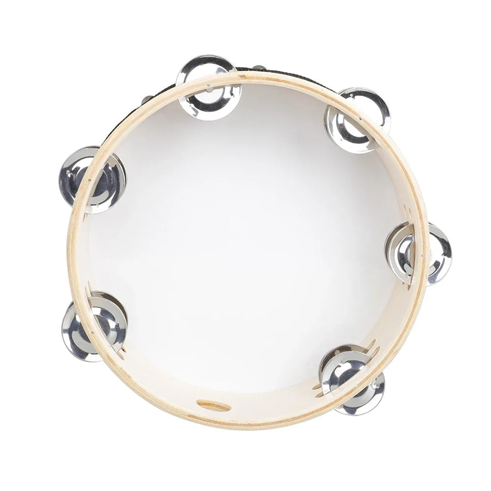 A white wooden tambourine with silver jingle bells, viewed from above.