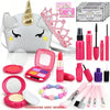 A pink and silver princess pretend makeup kit for kids featuring a storage purse, eyeshadows, and brushes.