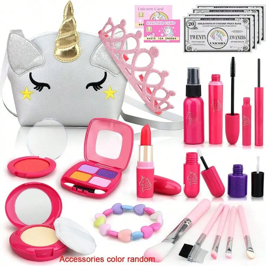 A pink and silver princess pretend makeup kit for kids featuring a storage purse, eyeshadows, and brushes.