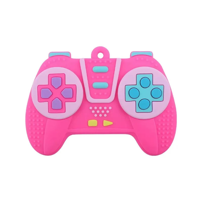 A pink silicone game controller designed as a teether for babies.