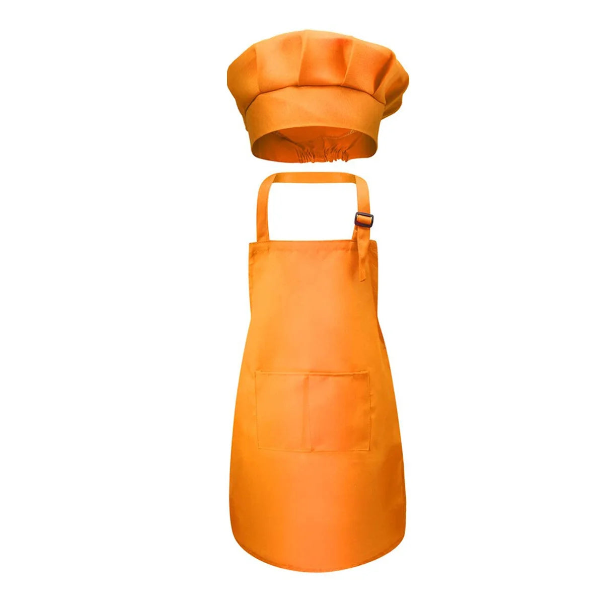 Orange kids craft apron and chef hat set with an adjustable neck strap