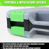 A portable storage organizer with secure latches and a handle shown in gray and lime green.