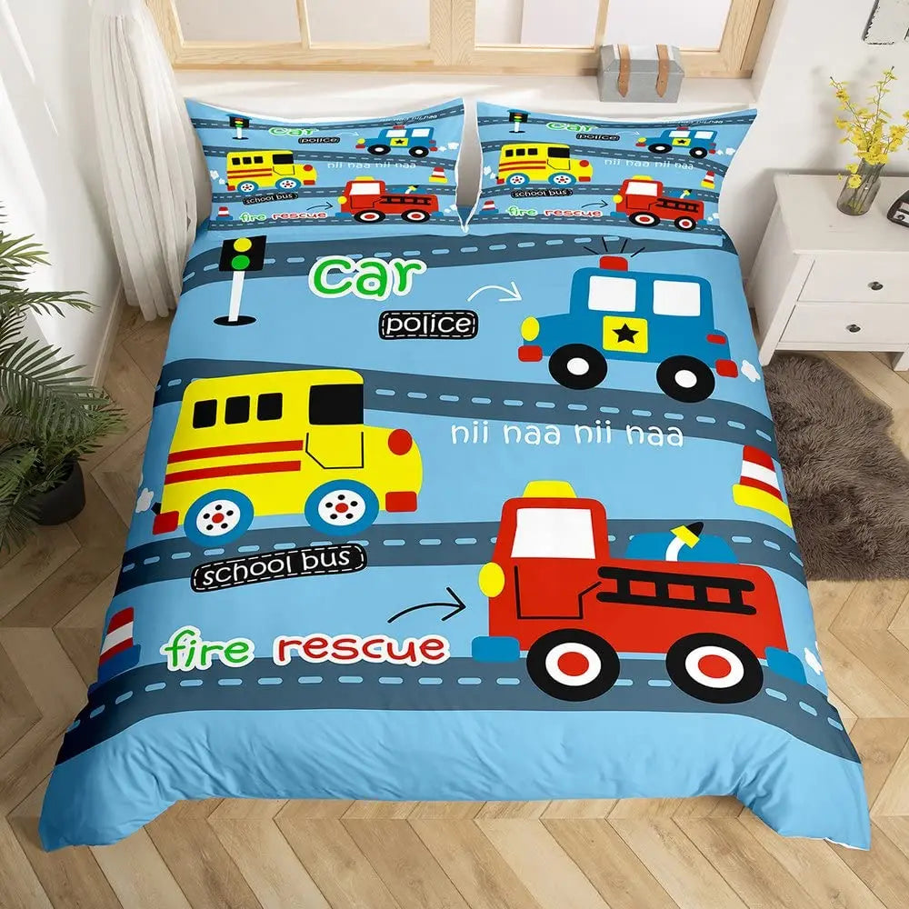 A colorful bedding set featuring various vehicles like cars, police cars, school buses, and fire engines on a blue background