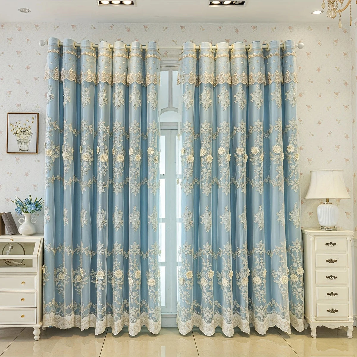 Embroidered Floral Blackout Curtain, Double Layer Sun Protection for Bedroom & Living Room