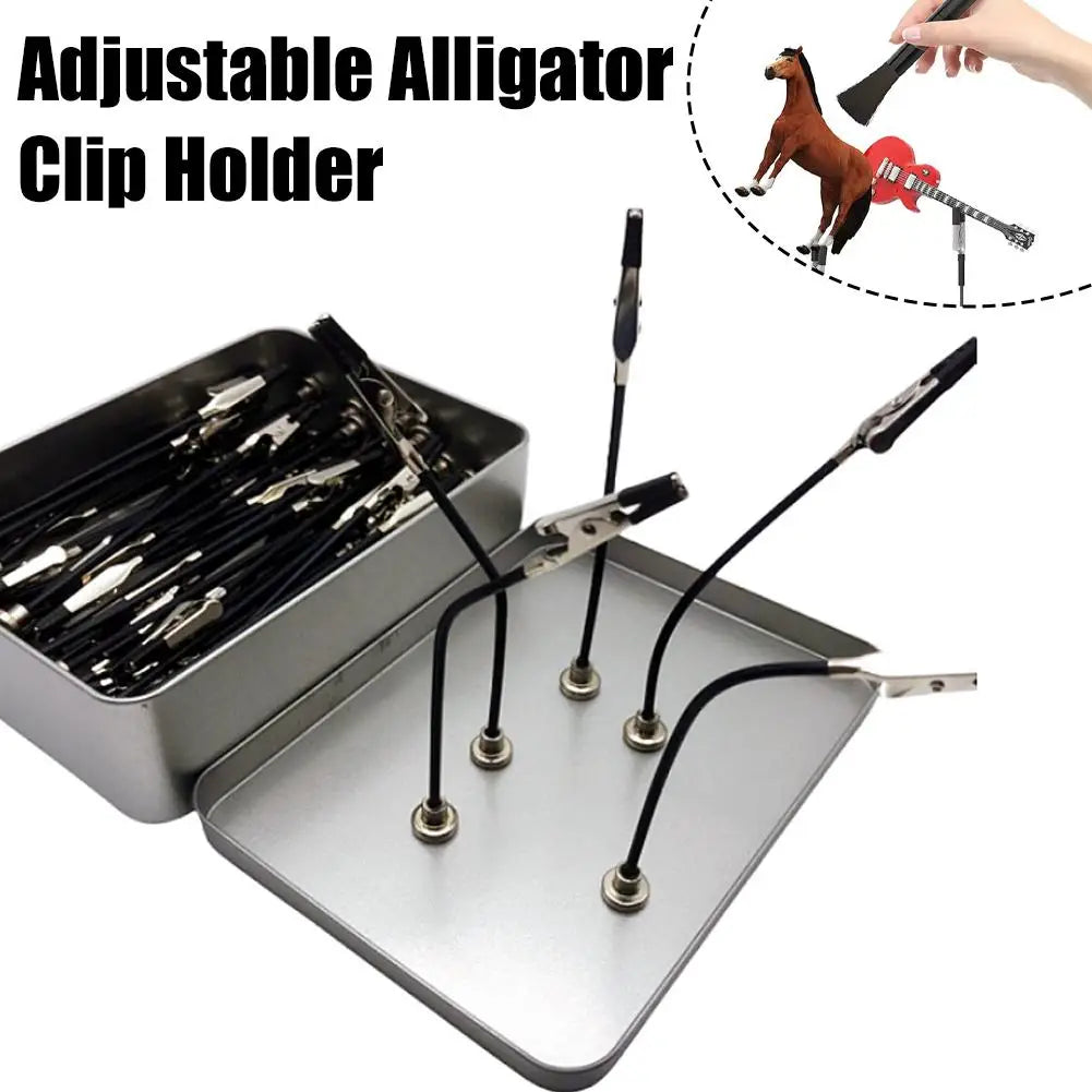 Adjustable alligator clip holder with magnetic helping hands and flexible gooseneck arm for gripping small items