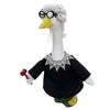 A white goose costume wearing black clothing and round glasses