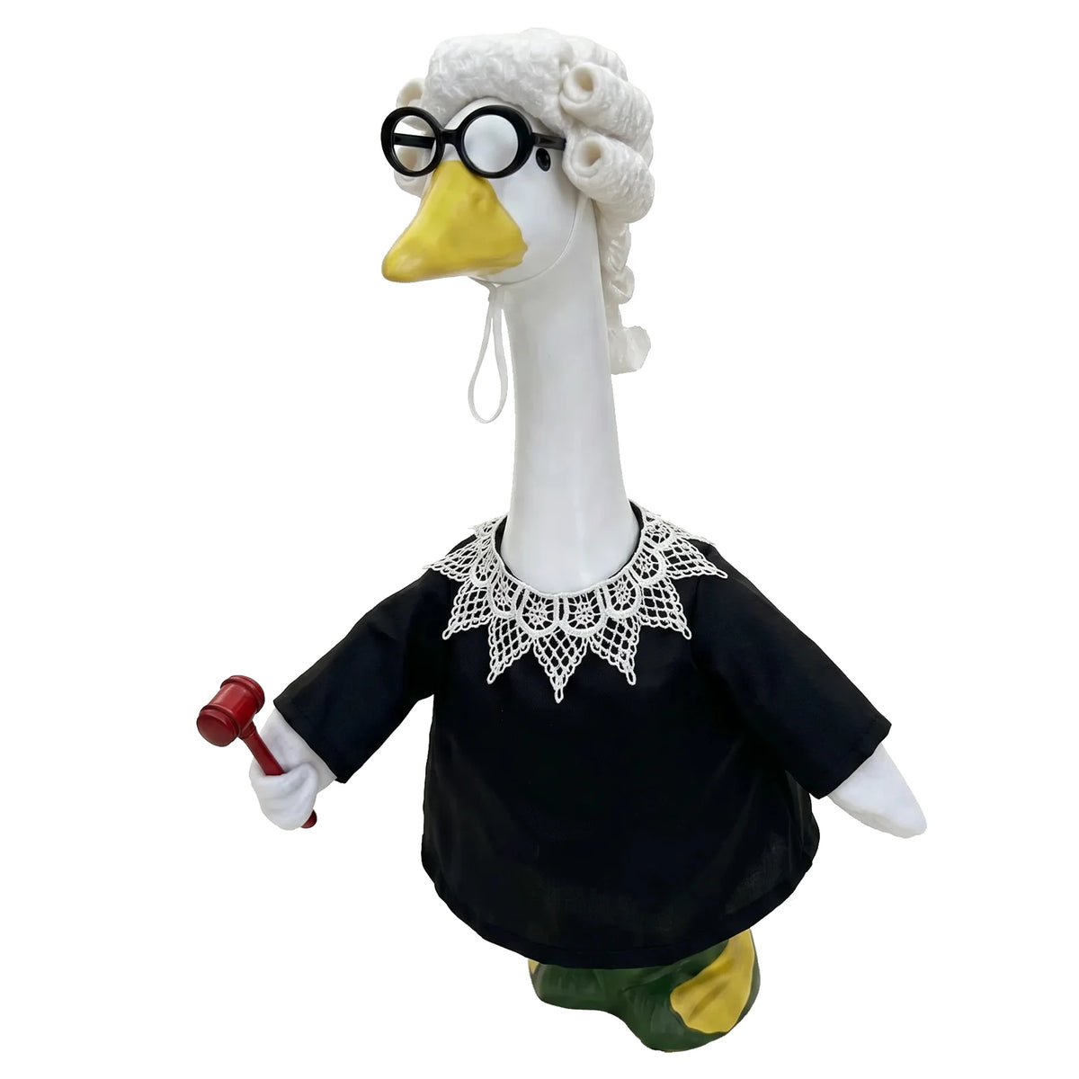 A white goose costume wearing black clothing and round glasses