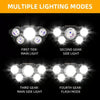 Four different lighting modes shown for a 5-LED waterproof USB rechargeable headlamp.