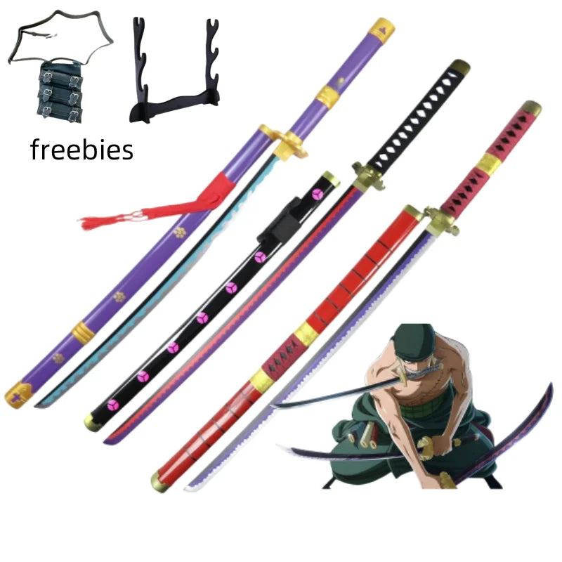 A collection of freebies including a Roronoa Zoro 41-inch katana cosplay sword and various accessories.