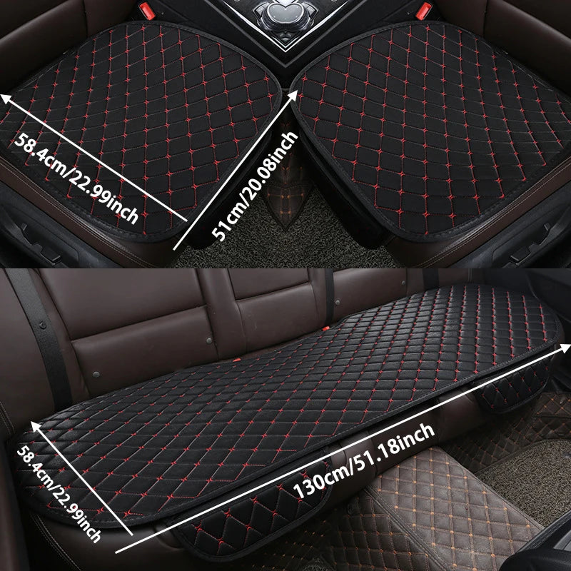 A set of three black quilted car seat covers for universal protection, shown in various sizes and angles.