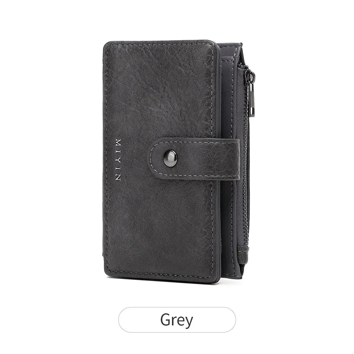 Portefeuille rabattable gris foncé RFID avec texture cuir et fermeture à pression.